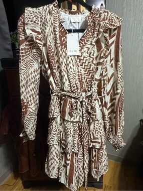 Fate Brown & Cream Animal Print Ruffle Long Sleeve Dress Size Small NWT